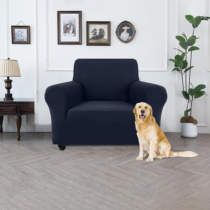 100% Waterproof Jacquard Fabric Couch Cover, Dual Layer with TPU Film, Leakproof High Elasticity Non-Slip Washable Furniture Protector for Pets, Dogs, Cats and Kids (Chair,Navy Blue)