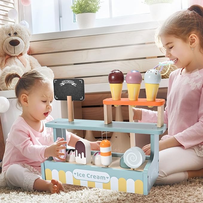 Wooden Ice Cream Toy Set, Toddler Pretend Play Kitchen Accessories Kids Wooden Toys for Kids, Perfect for Christmas Birthday Gift