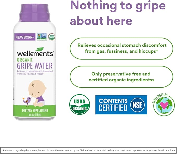 Wellements Organic Gripe Water | Relieves Occasional Stomach Discomfort from Baby Gas, Colic 4 Fl