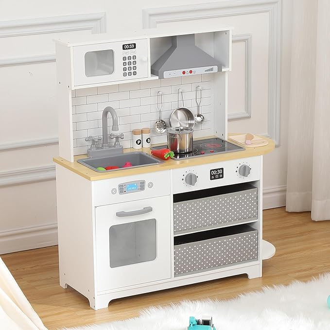 Wooden Play Kitchen for Kids - Innovative Corner Design, Realistic Cooking Sounds, Complete Accessories, Ample Storage Space, and Sound & Light Features