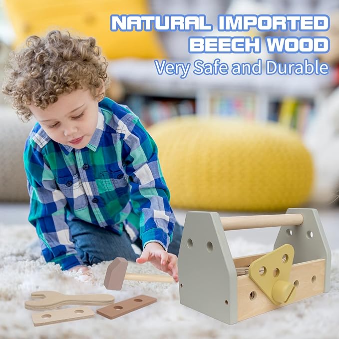 Montessori Wooden Tools Kit Toddler Educational Construction Kids Toys Sets Play Box Preschool Play Tool Wooden Construction Toy (Yellow)