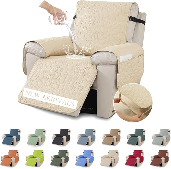 XINEAGE 100% Waterproof Recliner Chair Covers with Elastic Straps, Nonslip Reclining Couch Covers Washable Recliner Couch Cover with Pockets Furniture Protector for Pets Dogs (Beige, 25")