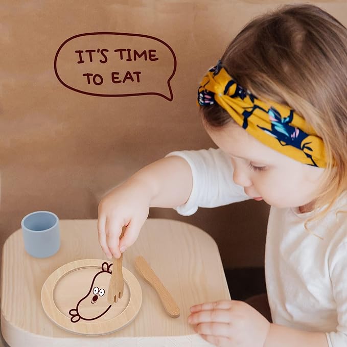 Wooden Toy Plates and Dishes Set,Play Kitchen Cutlery and Plate Set,21Piece Kids Kitchen Playset Accessories for Toddlers Boys Girls Ages 3+