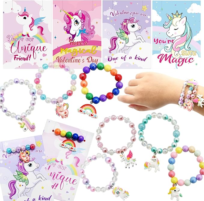 UMEELR Valentines Unicorn Bracelets with Cards ,28 Pack Princess Valentine Beaded Bracelet for Girls Kids Valentines Day Gifts Exchange Classroom Prizes Parties Goodie Bag Gifts