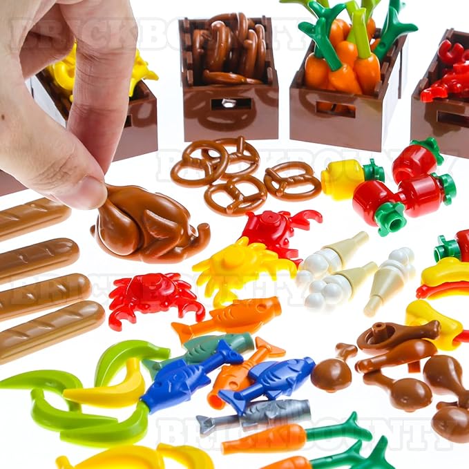 190 Pcs Supermarket Building Block Set Compatible with City-Food, Restaurant-Kitchen Kit with Hotdog-Stall-Ice-Cream-Turkey-Banana Handcart Fish Crab