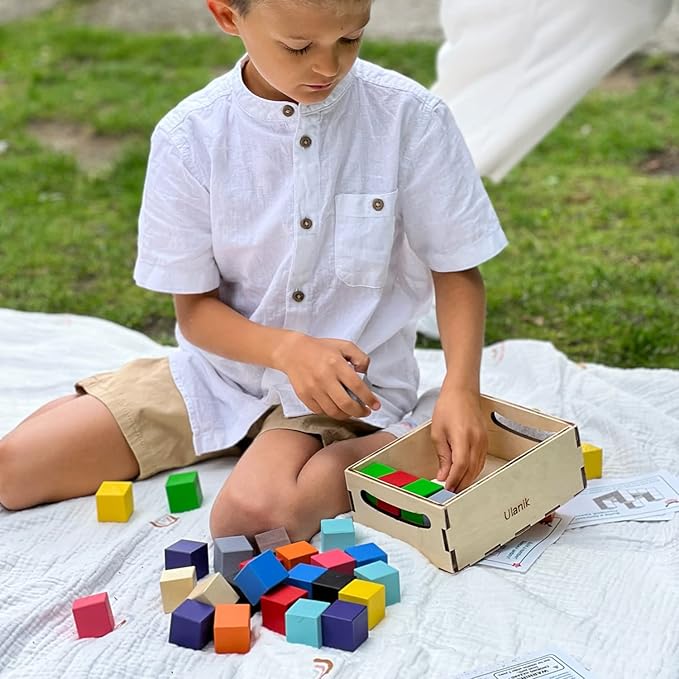 Ulanik Small Colored Cubes Toddler Montessori Toys for 3 Year Old + Kids Wooden Building Blocks Game for Learning Color Sorting and Counting β 40 pcs, 1.2 in
