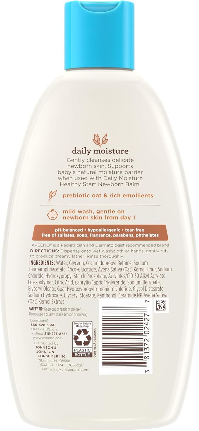 Aveeno Baby Healthy Start Nourishing Newborn Wash, Hypoallergenic Baby Body Wash with Prebiotic Oat Gently Cleanses Delicate Newborn Skin 8 fl.