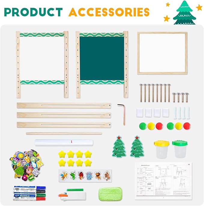 Wooden Art Easel for Kids with Paper Roll Height Adjustable Standing Easel Double-Sided Easel with Whiteboard Chalkboard Storage Tray Painting Accessories Gift for Boys Girls Toddler Ages 3+