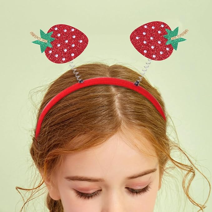 Glitter Strawberry Headband - Cute Red Hair Hoop, Hawaiian Party Hair Band Boppers