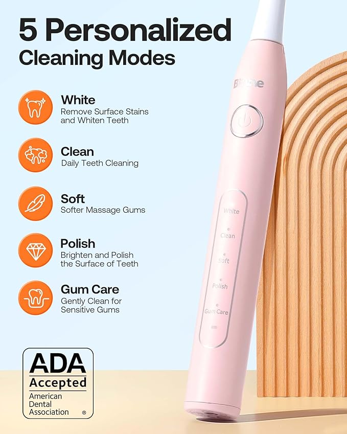 Bitvae Electric Toothbrushes 2 Pack Ultrasonic Toothbrush with Holders, Dual Ultrasonic Electronic Toothbrush 8 Brush Heads 5 Modes, Rechargeable Power Toothbrush for 30 Days Using, Black & Pink