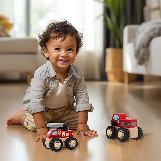 Construction Vehicles for Toddlers, 2 Pcs Wooden Detachable Assemble Cranes and Tractor 3 Years