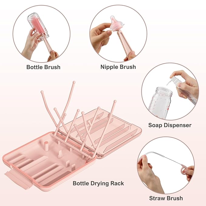 6 in 1 Baby Bottle Cleaner Set with Drying Rack,Silicone Baby Bottle Brush