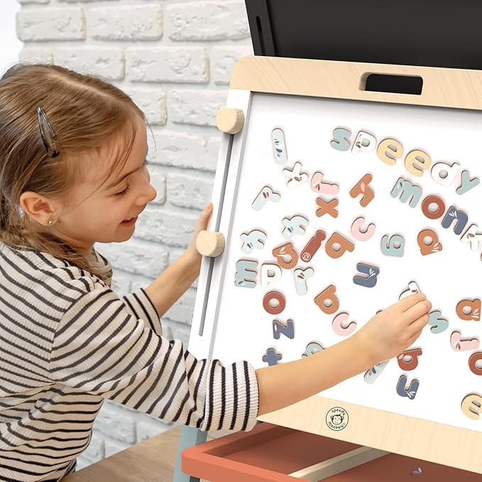 SPEEDY MONKEY Adjustable Wooden Easel for Kids, Double-Sided Chalkboard & Magnetic Whiteboard, Learning Toy for Children, Ideal Holiday Gift for Birthdays
