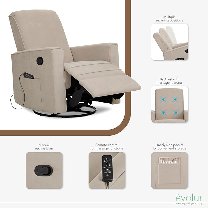 Evolur Raleigh Glider with Massager in Charcoal, Upholstered Plush Seating 360° Swivel Glider Rocking Chair, FSC Certified, Greenguard Gold & JPMA Certified Nursery Glider Recliner