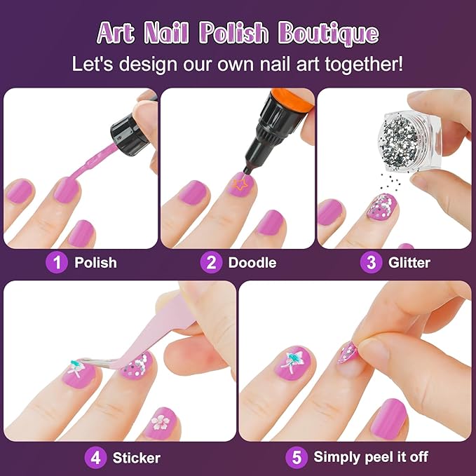 Tudaymol Nail Art Studio for Girls - Nail Polish Kit for Kids Ages 6-12 Years Old,Non-Toxic Peel-Off Safe Quick Dry Nail Polish Gift Kit Set,Cool Girls Toys Stuff - Polish, Pens, Glitter, Stickers