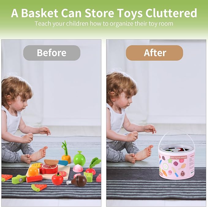 WHOHOLL Wooden Play Food Toys for Kids Kitchen Playset, Play Kitchen Accessories with Apron Pretend Cutting Food Montessori Toys for 1+ Year Old Girls and Boys