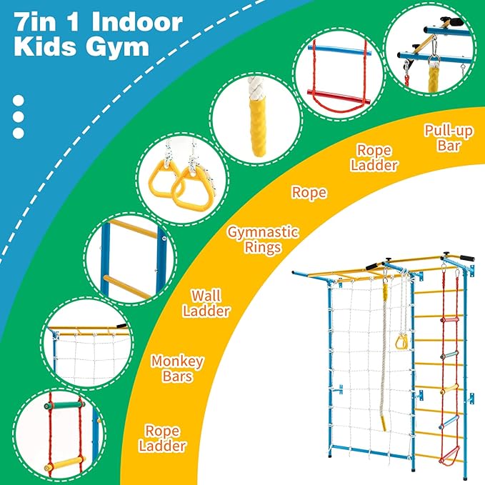 tongmo Climbing Toys for Kids, Upgrade Metal Indoor Gym for Exercise, Playground and Climbing Set with Rope Ladder, Rope Wall, Pull-up Bar, Wall Ladder, Monkey Bars, Rope and Gymnastic Rings