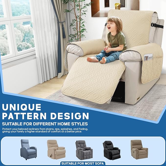 XINEAGE 100% Waterproof Recliner Cover, Non Slip Recliner Chair Cover with Elastic Band, Washable Recliner Slipcover with Storage Pockets for Kids, Pets (Beige, 30")