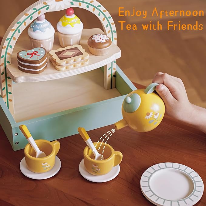 Wooden Dessert Cake Tea Party Set for Little Girls Toys, Pretend Play Kids Tea Set for Toddlers Wood Toys, Wooden Play Food Kitchen Accessories Sets for Kids