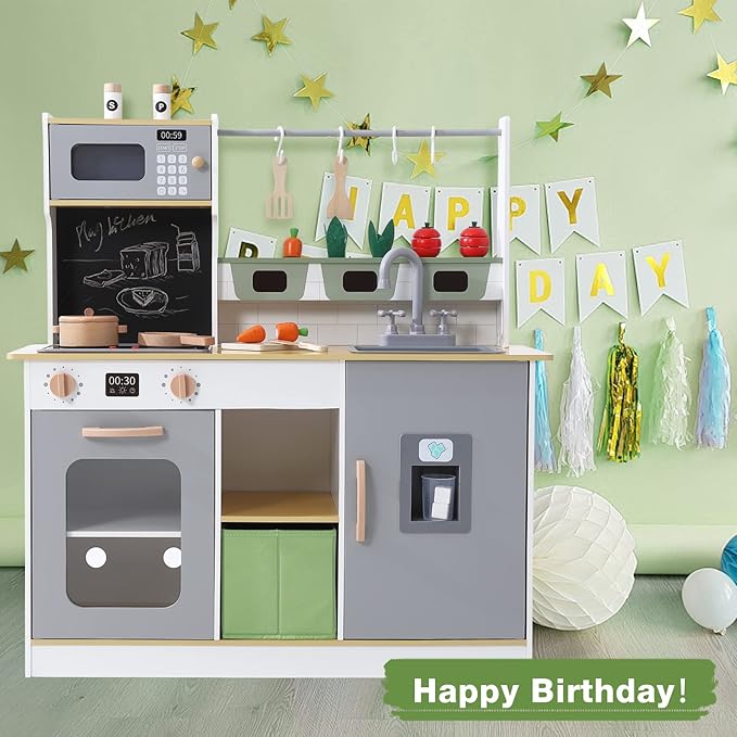 Bophy Wooden Farm & Kitchen Playset, Kids Play Kitchen with Cookware Accessories, Wooden Chef Pretend Play Set with Ice Maker, Chalkboard, Planter Area