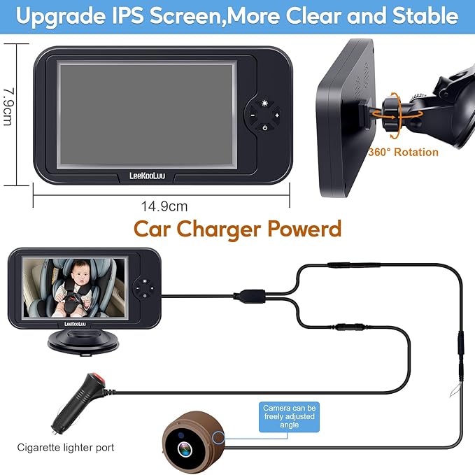 Baby Car Camera for Backseat 1080P - HD Crystal Night Vision, Easy to Install, 360° Rotation, Protect Baby's Eye, Perfect for Brown Car Interiors, Rear Facing Backseat Camera for Newborn, Infant, Kids