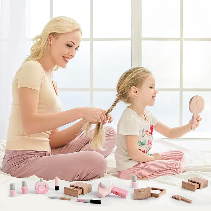 umu Wooden Beauty Salon Toys for Girls Makeup Playset 12 Piece Kit with Makeup, Brush, Mirror and Cosmetics Case, Best Gift for 3, 4, 5+ Girls Kids