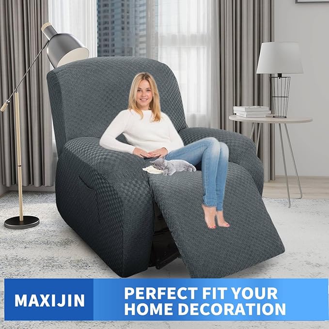 MAXIJIN Oversized Recliner Covers That Stay in Place 4 Pieces Stretch Large Recliner Chair Covers Jacquard Dogs Cats Proof Reclining Slipcovers with Elastic Bottom (XL Recliner, Dark Gray)