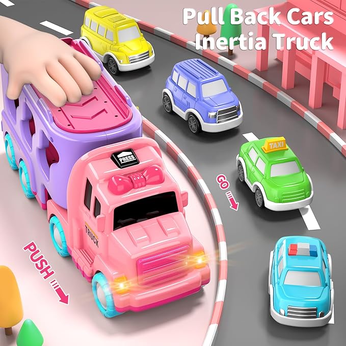 Bennol Car Truck Toys for 1 2 3 4 5 Year Old Girls Toddlers, 7-in-1 Carrier Truck Toddler Girl Bus Toys 1 2 3 4 5 Year