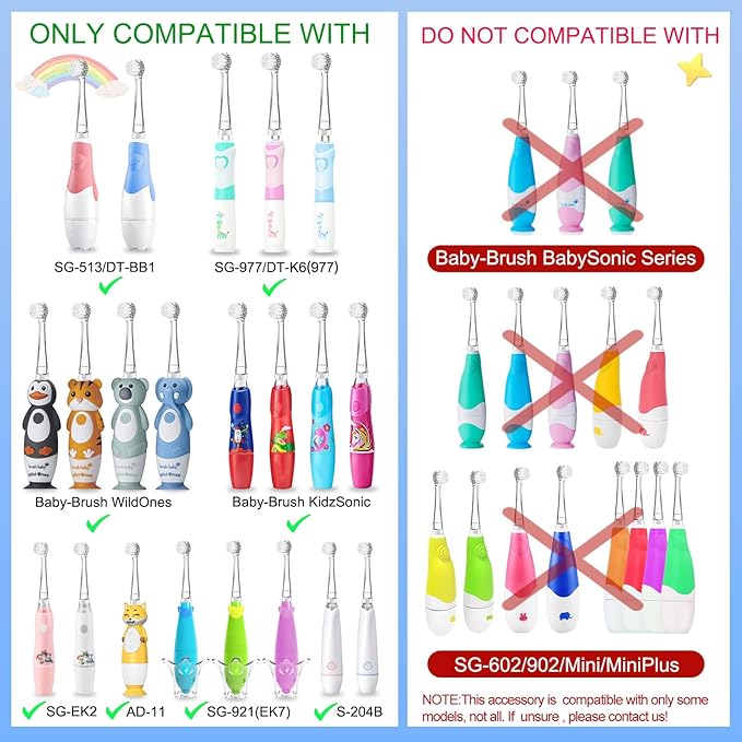 TEETECK 5 Pack Kids Toothbrush Replacement Heads Compatible with SEAGO- 513/977/EK6,Compatible with Brush-Baby WildOnes/KIDZSONIC(Not BabySonic Series),Compatible with Dada-Tech-BB1/977/K6