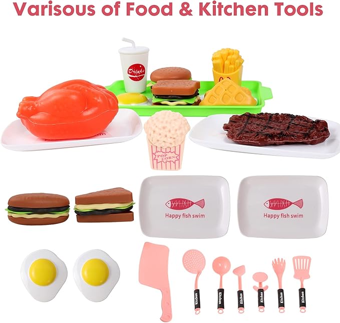 Toy Microwave Oven Playset with Light and Sound, Toy Kitchen Appliances for Kids, Play Kitchen Accessories and Toy Food for Toddlers 3 Year Old Up Girls Boys, Red