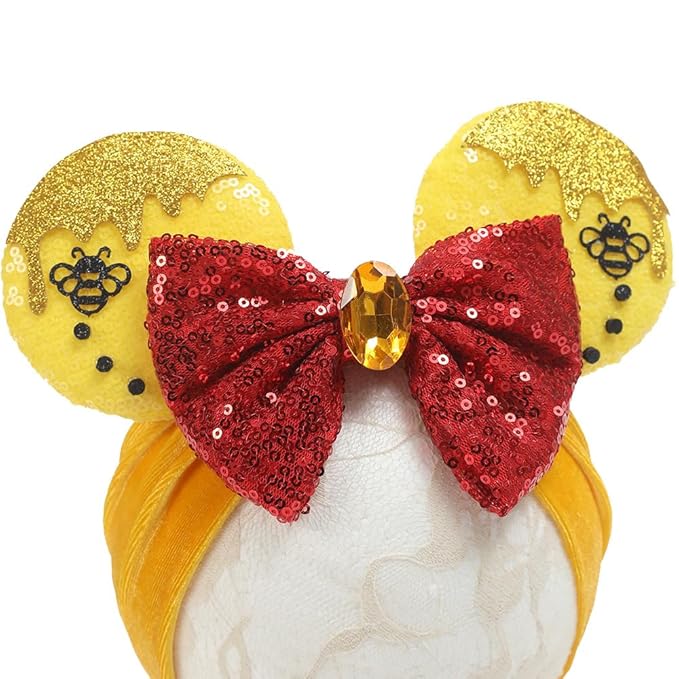 JIAHANG Baby Girl Mouse Ears Turban Headband with Bee, Yellow Sequin Bows Headwrap