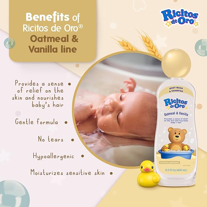 Ricitos de Oro Baby Shampoo and Body Wash, Formula with Oats and Vanilla 2-Pack of 13.5 Fl 2 Bottles