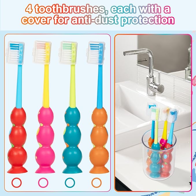 Kids Toothbrush - Soft Bristles with Suction Cup for Easy Storage, Toddler Toothbrush Children Sized Brush Head, Girl & Boy Set, Pack of 4