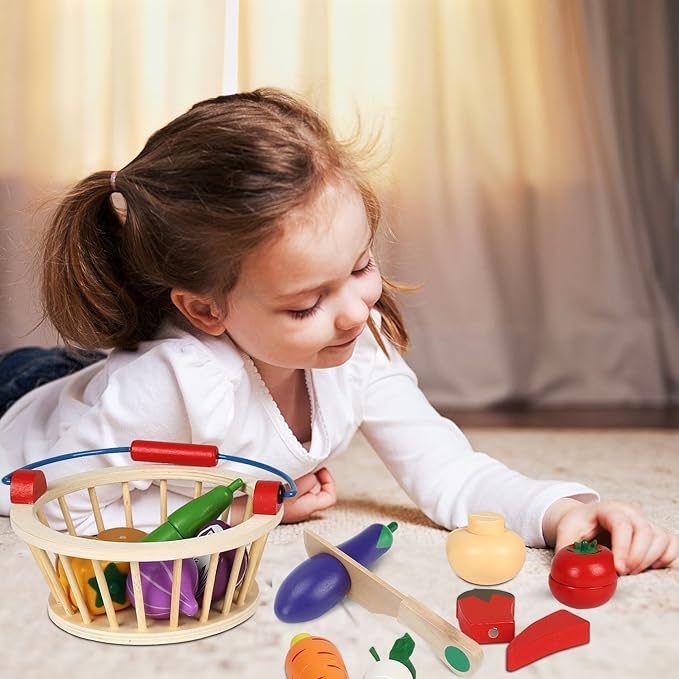 Victostar Magnetic Wooden Cutting Fruits Vegetables Food Play Toy Set with Basket for Kids