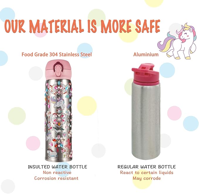 YOFUN Decorate Your Own Water Bottle with 11 Sheets of Unicorn Stickers & Glitter Gems, Craft Kit & Art Kit for Children, Gift for Girls Age 4 5 6 7 8 9 10 Years Old Kids, BPA Free Insulated (Silver)