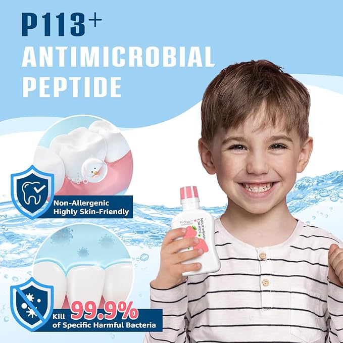 Mouthwash for Kids, Alcohol Fluoride Free New Generation P113+ Peptide Anti Cavity Mouth Rinse, 11.08 fl oz (Strawberry)