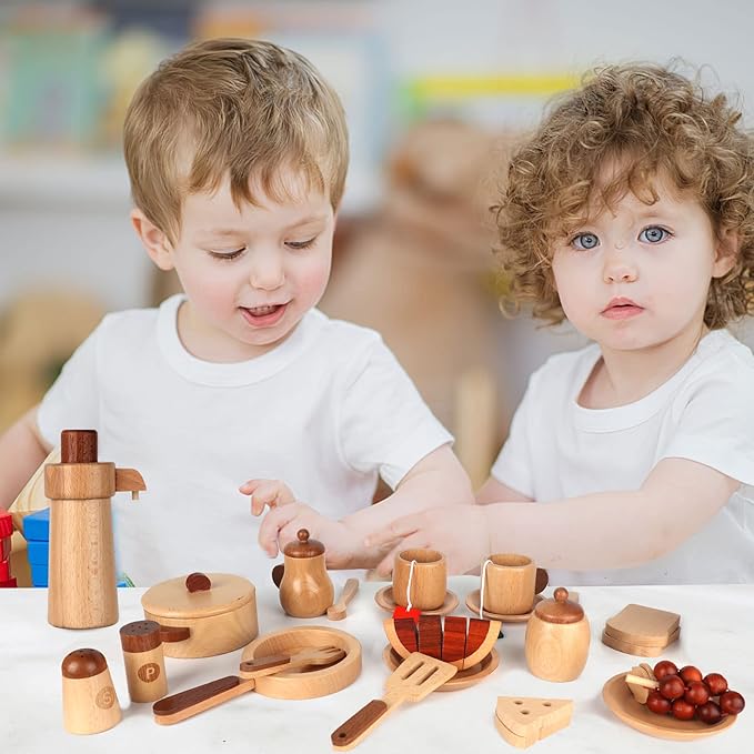 WHOHOLL Wooden Tea Set for Little Girls, Natural Wood Toys Tea Party Set, Kids Tea Set for Toddlers 1-3, Baby Play Tea Cup Set for Pretend Play, Play Kitchen Accessories with Storage Bag