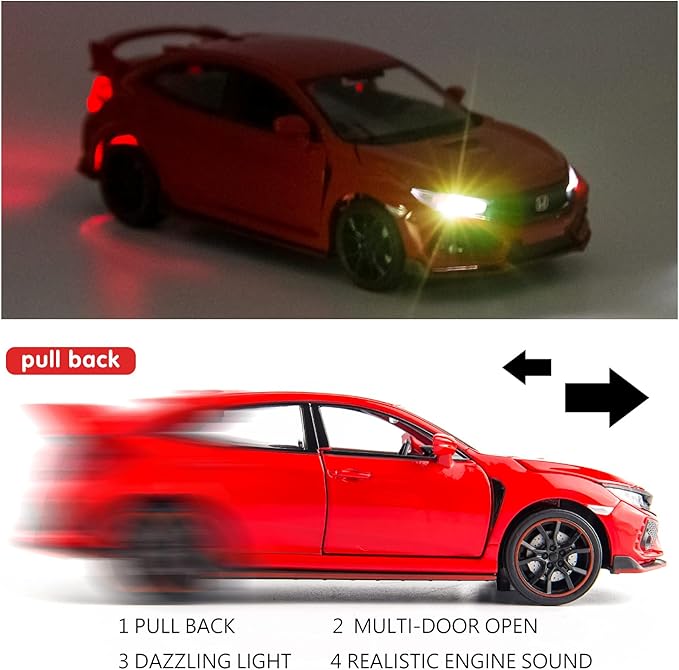 Compatible for 1:32 Diecasting Alloy Honda Civic Type-R Car Model Toy Car,Pull Back Alloy Car with Lights and Sound, Open Door Cars for Kids Ages 3-5