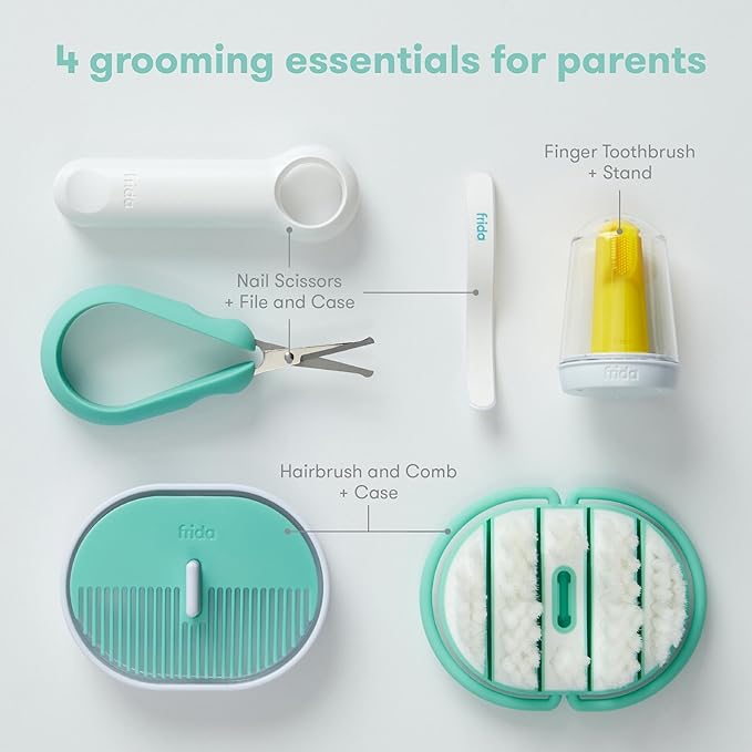 Frida Baby Grooming Kit | Baby Essentials Gift Set Includes Finger Brush with Storage Stand, Hair Brush with Case