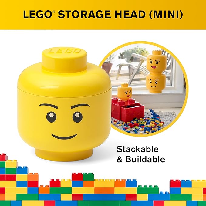 Room Copenhagen, Lego Storage Heads Stackable Storage Container - Buildable Organizational Bins for Kid’s Toys and Accessories - 4.02 x 4.02 x 4.53in - Mini, Boy, Holds 100 Bricks