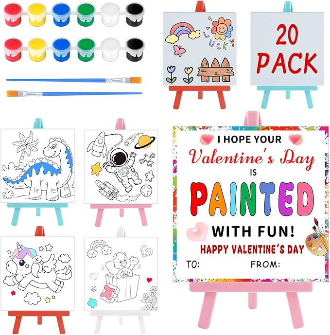 Valentines Day Gifts for Kids - Valentines Day Cards for Kids School - 20 Pack Watercolor Paint Set, Acrylic Paint Canvas Brushes Easel, Stationery Exchange for Boys Girls Class Classroom Party Favor