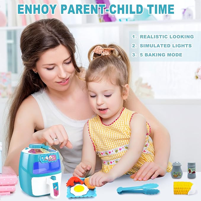 Toy Air Fryer, Play Kitchen Appliances with Music and Light, Pretend Play Food Set for Toddlers, Kids, Kitchen Playset Music & Color Changing Foods, Gift for Boys and Girls 2 3 4 5 Years Old