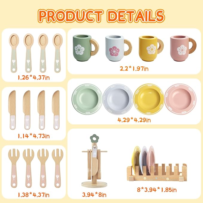 Wooden Play Kitchen Accessories, Play Plates and Cups for Kids Kitchen, Play Dishes for Kids Kitchen, Play Pots and Pans for Toddlers Boys and Girls 3 4 5 6