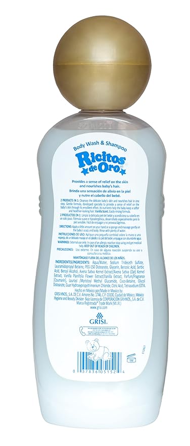 Ricitos de Oro Baby Shampoo and Body Wash, Formula with Oats and Vanilla 2-Pack of 13.5 Fl 2 Bottles