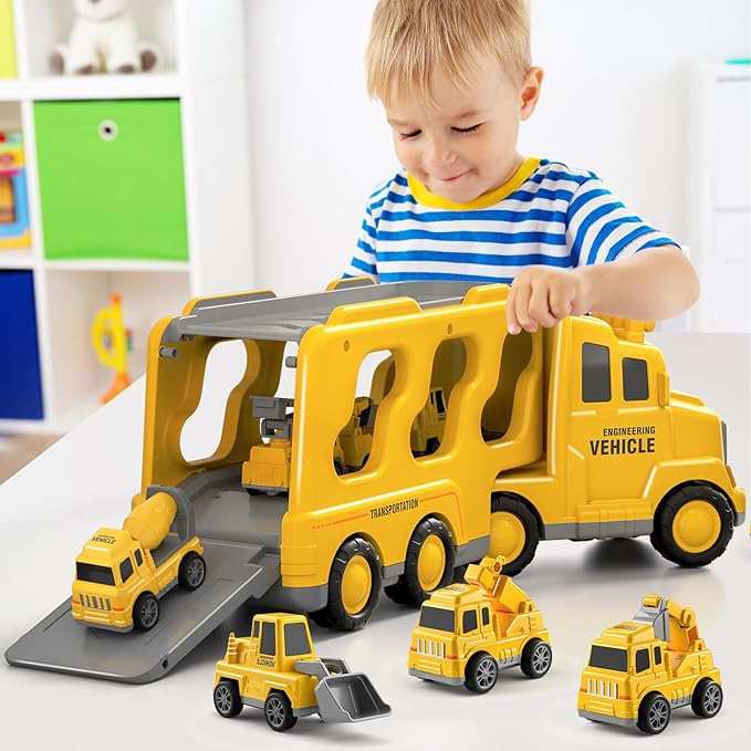 Construction Truck Toys Cars for Toddlers 3-5 - 5-in-1 Friction Power Vehicle Toy 3 4 5 6 Year Old Boys, Cranes Bulldozers Transport Trucks 3-9 Boys