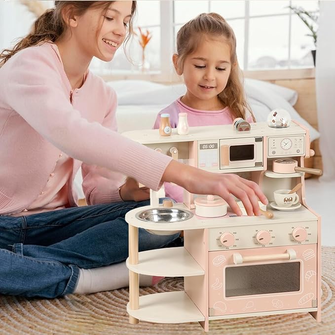 Wooden Play Kitchen for Kids, Pretend Kitchen Playset with Coffee Maker, Oven, Microwave, Cookware Accessories, Play Sink, Mini Toy Kitchen Set,Christmas Birthday Gift for Toddler Boys Girls