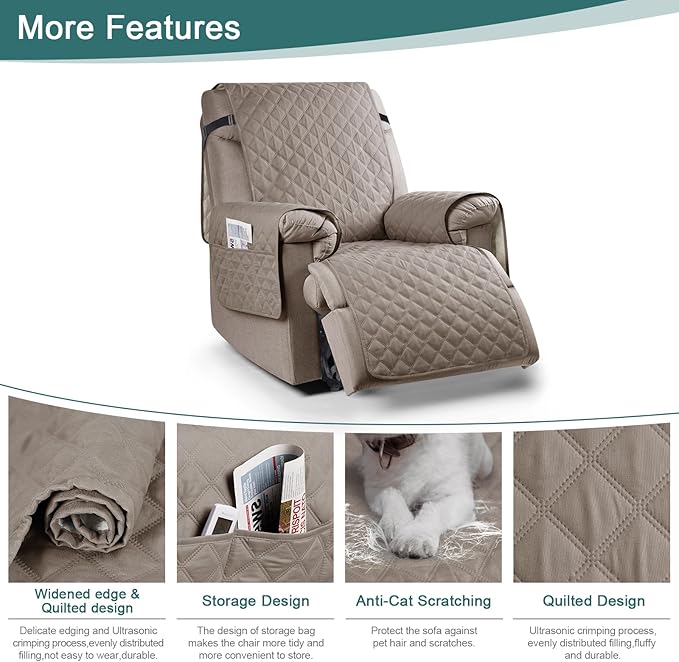 Ruaozz 100% Waterproof Recliner Chair Cover Non-Slip Oversized Reclining Cover for Large Recliner Chair Washable Chair Seat Cover with Elastic Straps for Kids, Dogs, Pets (Pale Brown, 28'')