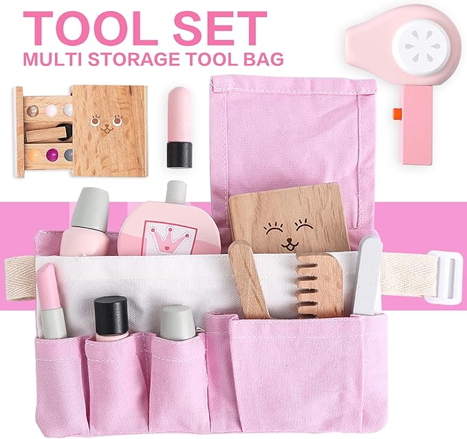 umu Wooden Beauty Salon Toys for Girls Makeup Playset 12 Piece Kit with Makeup, Brush, Mirror and Cosmetics Case, Best Gift for 3, 4, 5+ Girls Kids