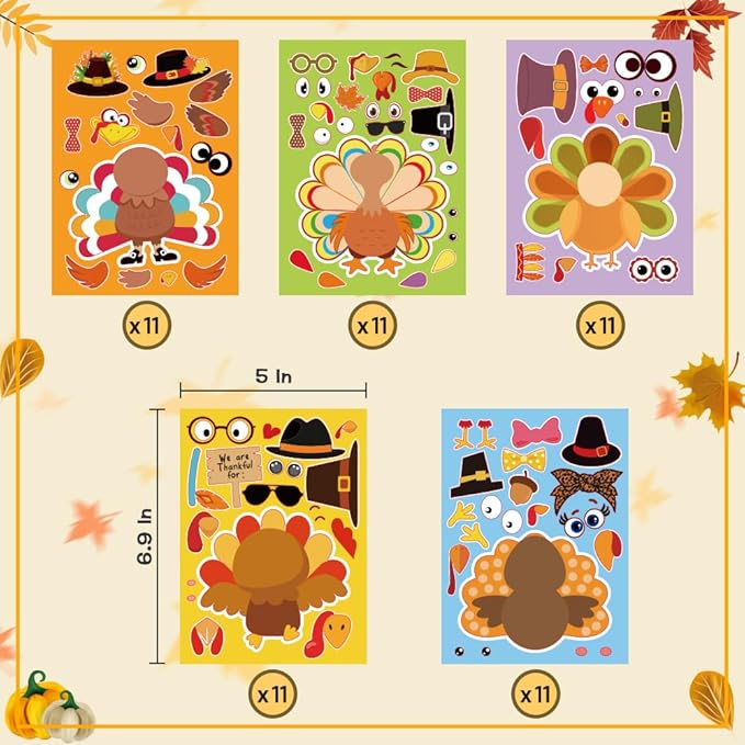 55 Sheets Thanksgiving Crafts for Kids, Make a Turkey Craft Stickers for Kids Thanksgiving Games, Activities, Gifts, Party Favors, Decorations, Thanksgiving Stickers for Family, Classroom