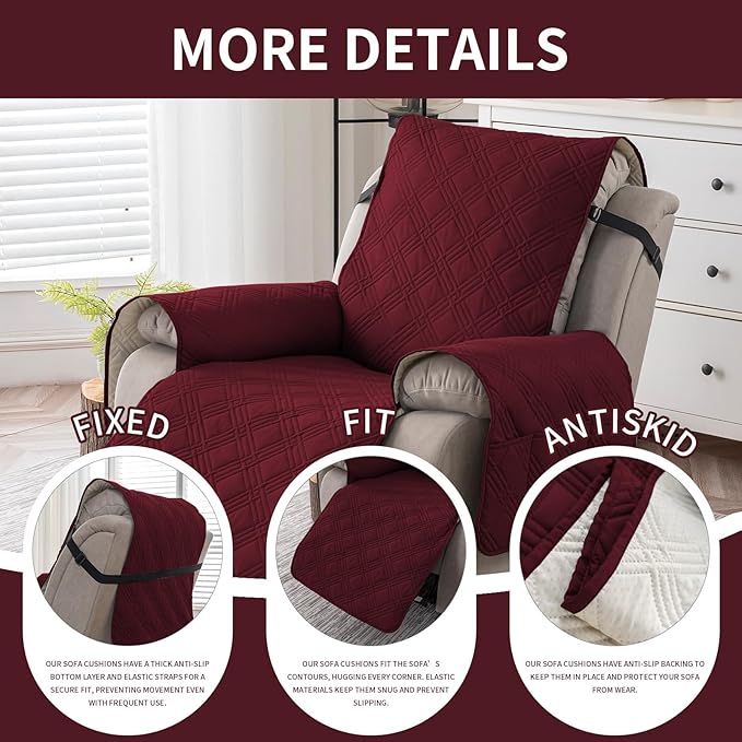 Easehomey 100% Waterproof Recliner Chair Covers, Non Slip Dog Chair Cover Furniture Protector Washable Chair Cover with Pocket, Elastic Straps for Kids,Pets,Dogs (Wine Red, 23.6")